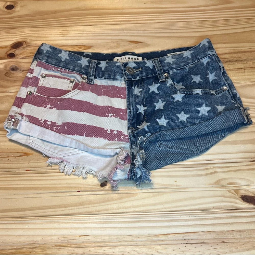 Bullhead American Flag Denim Jean Shorts - Red, Blue, White
